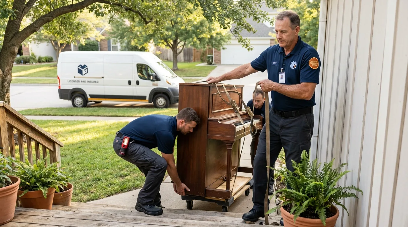 Licensed piano movers securing grand piano in Savannah, GA