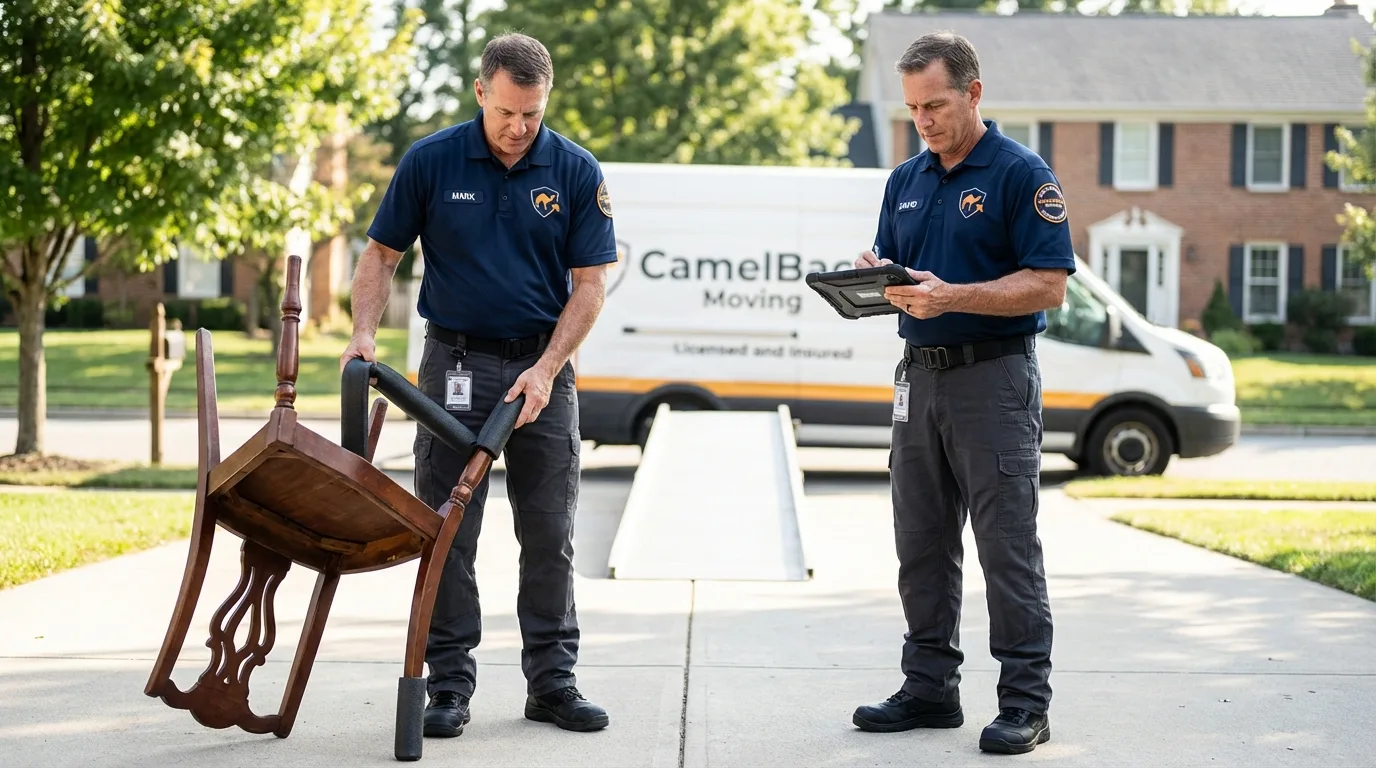 Movers inspecting furniture for damage prevention before loading in Savannah, GA