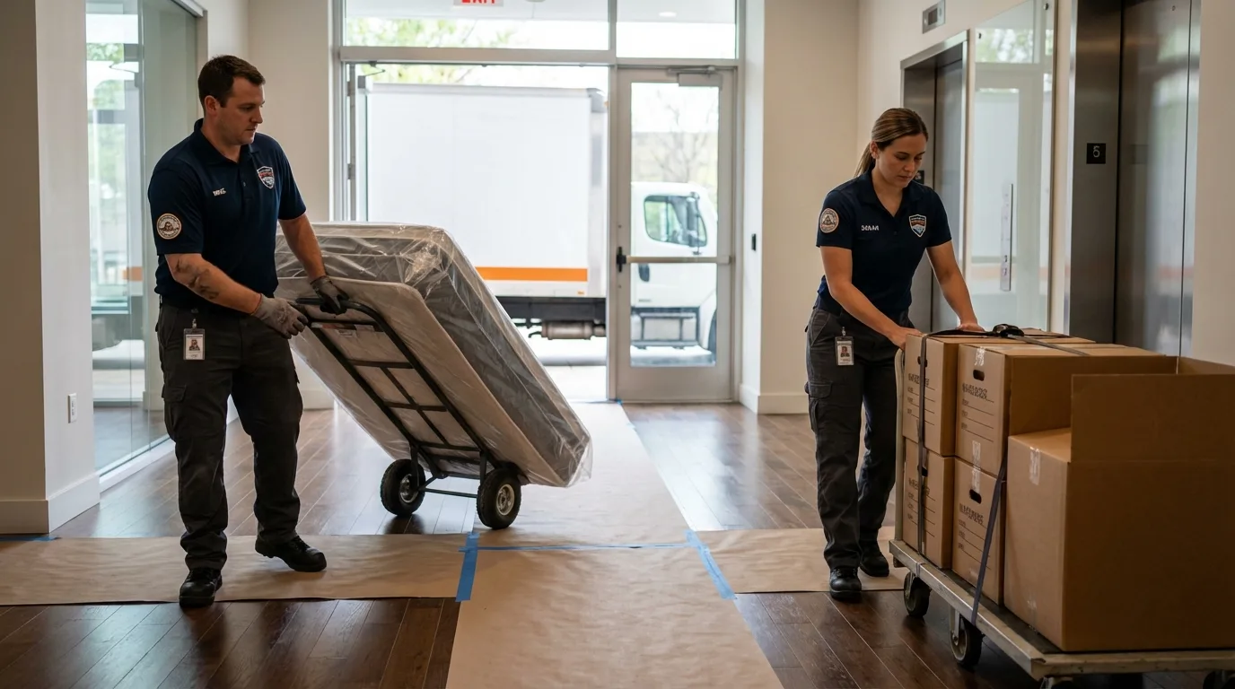 Professional apartment movers loading elevator in Savannah, GA