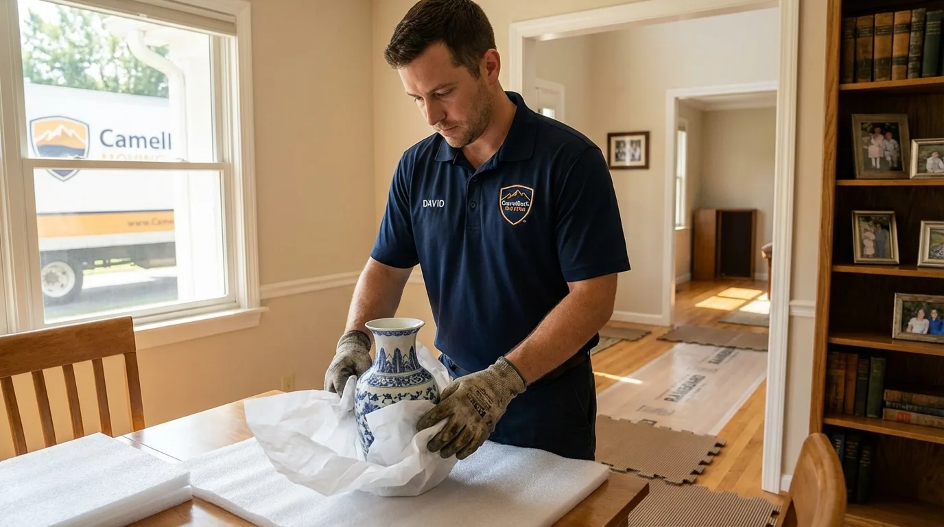 Professional crew carefully wrapping antique vase for senior downsizing move in Savannah, GA